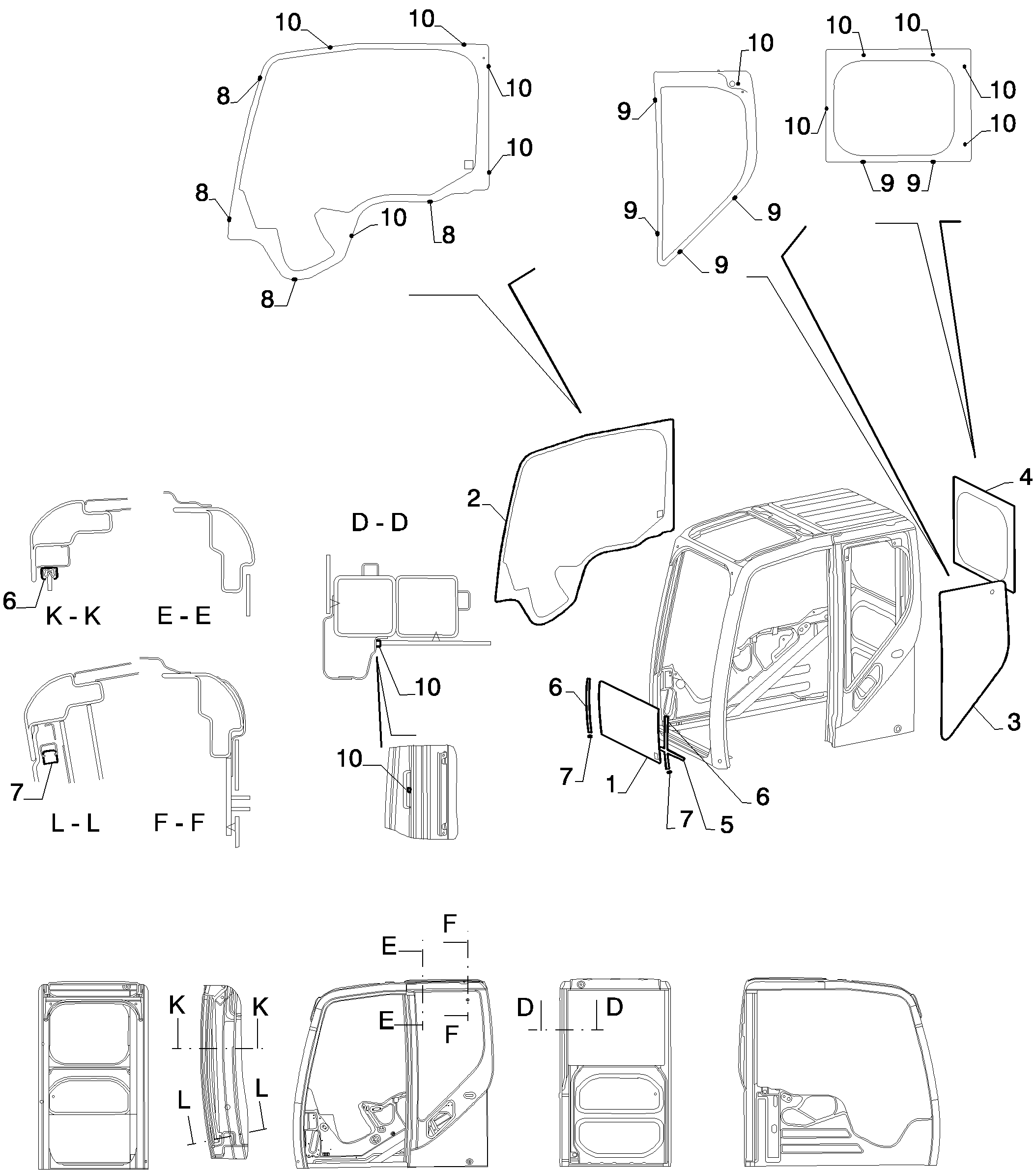 CAB ASSY, GLASS — kobelco parts diagram