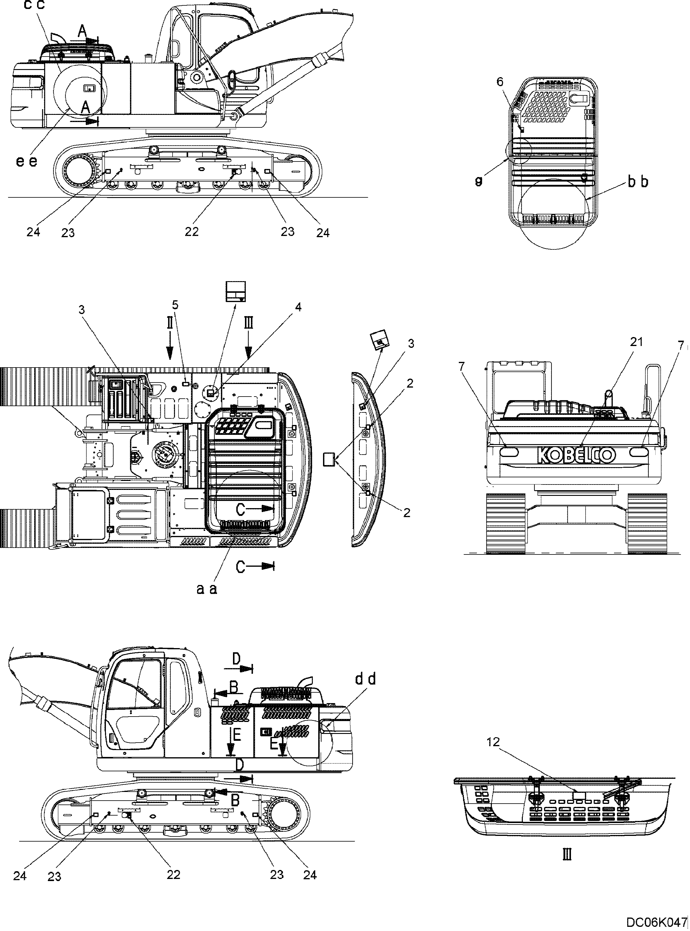 NAME PLATE INSTALLATION, (EXTERIOR) LOCATION, — kobelco parts diagram