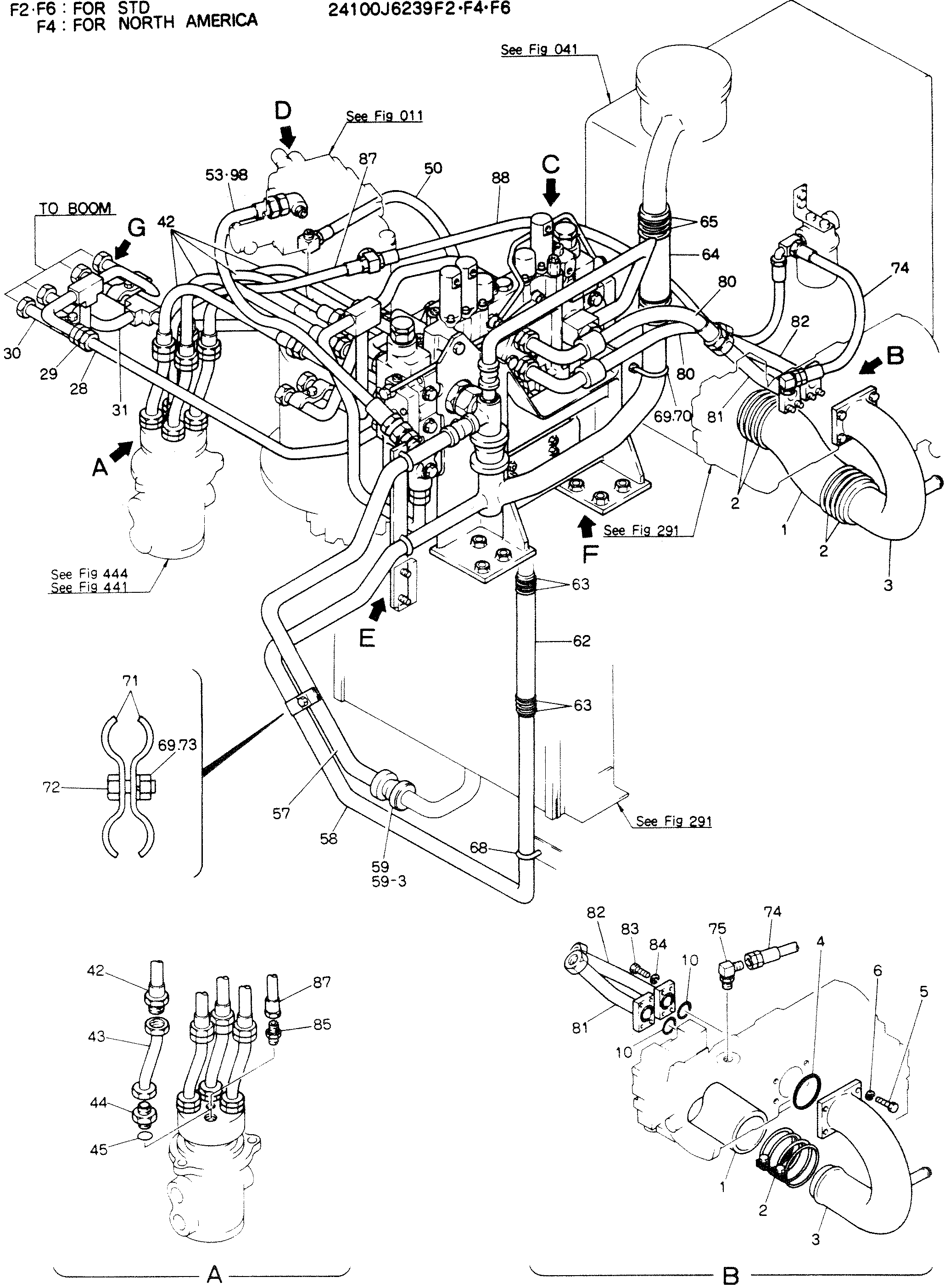 HYDR LINES, UPP, P/N 24100J6239F2, F4, F6 — kobelco parts diagram
