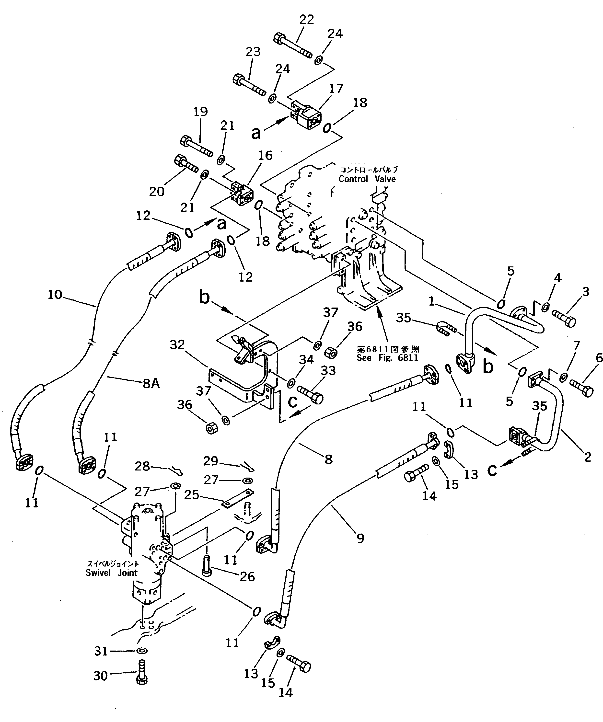 CONTROL VALVE TO/FROM SWIVEL JOINT PIPING (WITH LINE FILTER)     (EXCEPT JAPAN) — komatsu parts diagram