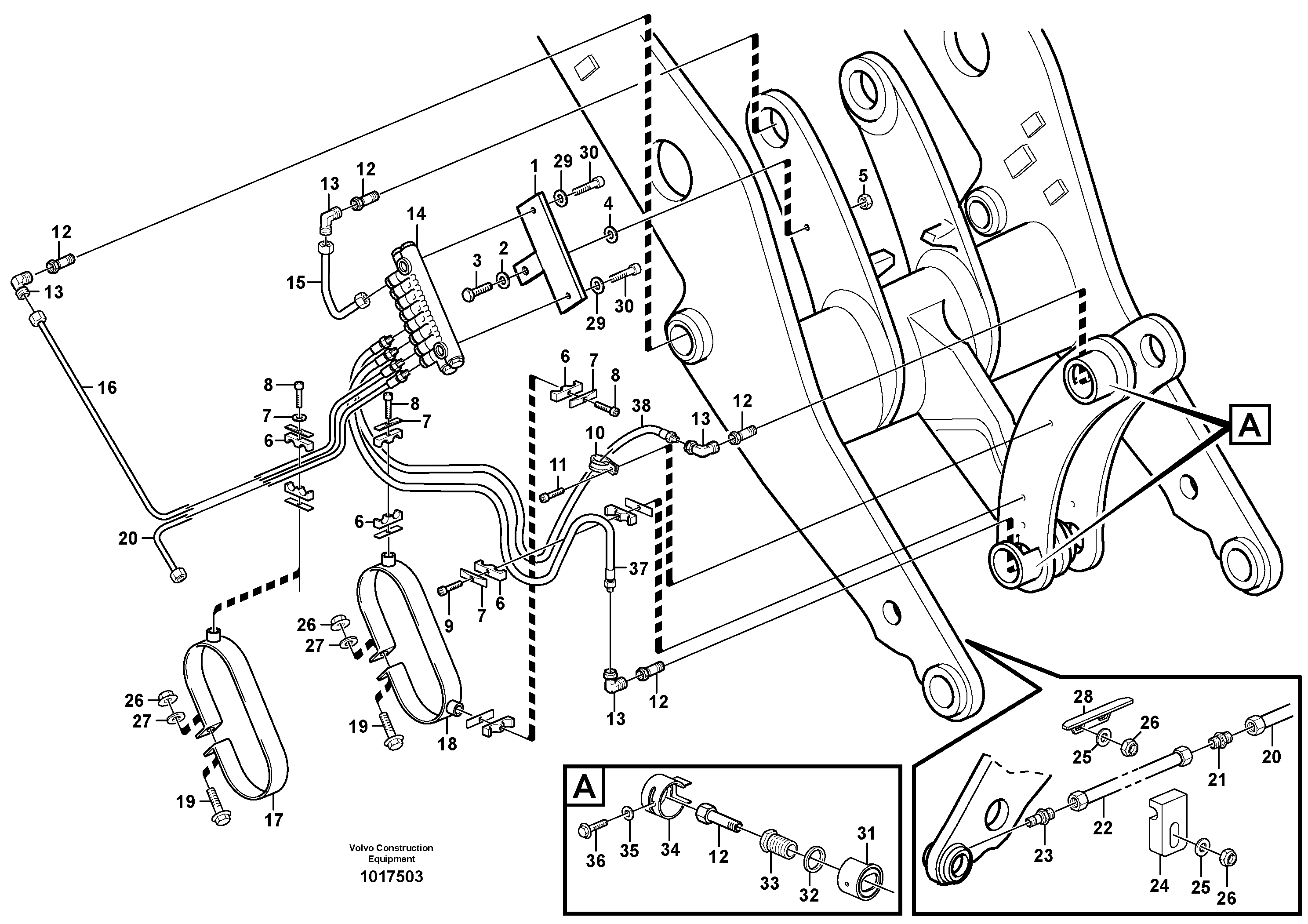 Central lubrication with fitting parts. B3  82143, 80928, 82601, 82600 — volvo parts diagram