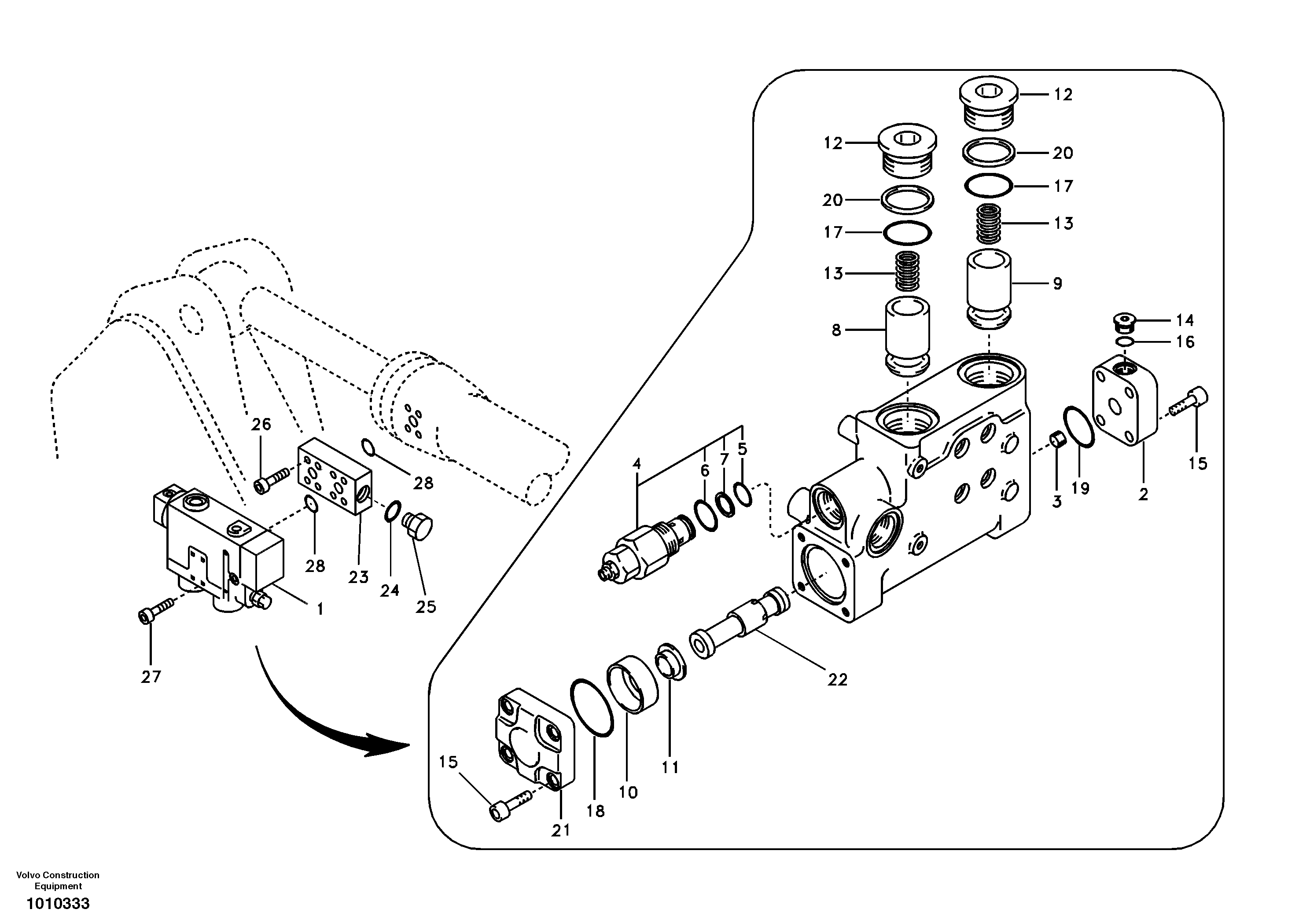 Working hydraulic, dipper arm rupture valve mount. — volvo parts diagram