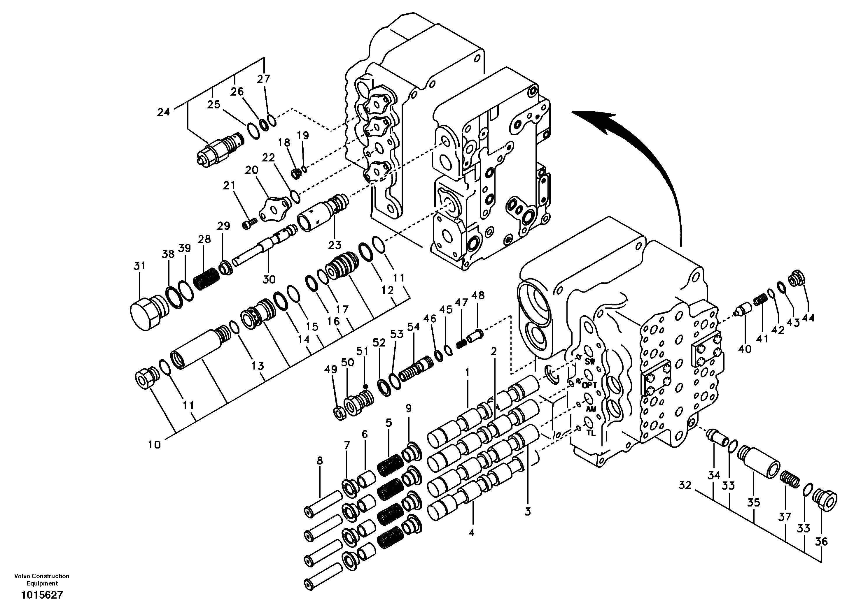 Main control valve, swing and option and dipper arm and travel Lh — volvo parts diagram